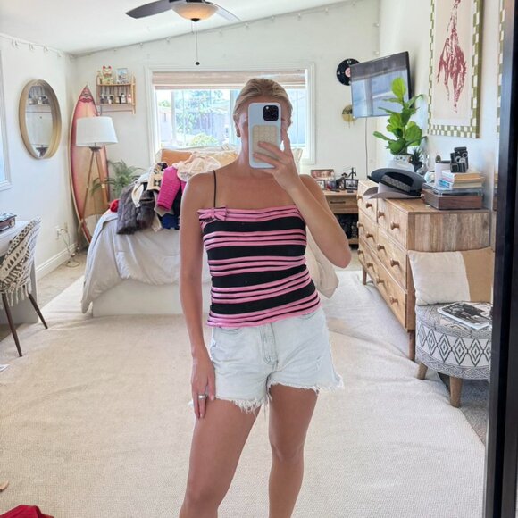 JS COLLECTIONS PINK BLACK Y2K STRIPED BOW TOP WOMENS 10 - Picture 2 of 7